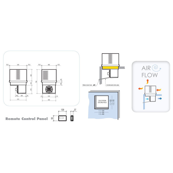 Plafondunit | 8.2-14.1m³ | -5°C/+5°C | 230V (1.16kW) | 460x540x756(h)mm