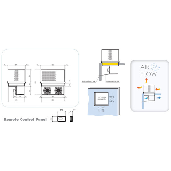 Plafondunit | 6.3-9.3m³ | -18°C/-25°C | 400V (1.81kW) | 760x540x806(h)mm