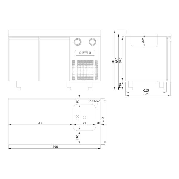 Koelwerkbank | 281L | 2 Deuren (1/1 GN) | -2°C/+8°C | Geventileerd | 0.46kW | Spoelbak | Achteropstand | 1400x700x850/950(h)mm