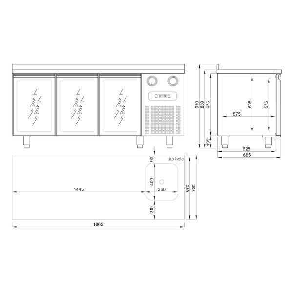 Koelwerkbank | Spoelbak | 474L | 3 Glasdeuren (1/1 GN) | -2°C/+8°C | Geventileerd | 0.46kW | Achteropstand | 1865x700x850/950(h)mm