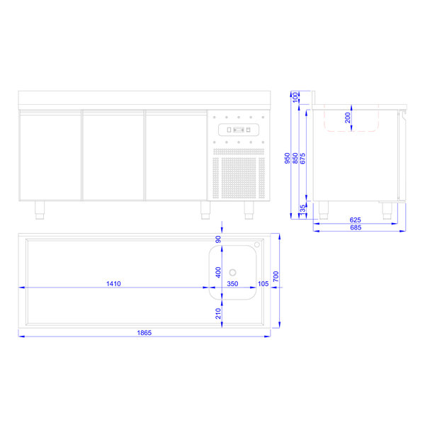 Koelwerkbank | Spoelbak | 474L | 3 Deuren (1/1 GN) | -2°C/+8°C | Geventileerd | 0.46kW | Achteropstand | 1865x700x850/950(h)mm
