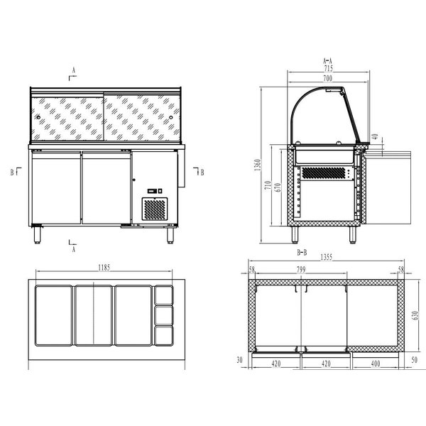 Saladette 2x 1/1 GN | Geheel RVS | 2 Deurs | Met Rechte Glasopstand | 1360x700x1365(h)mm