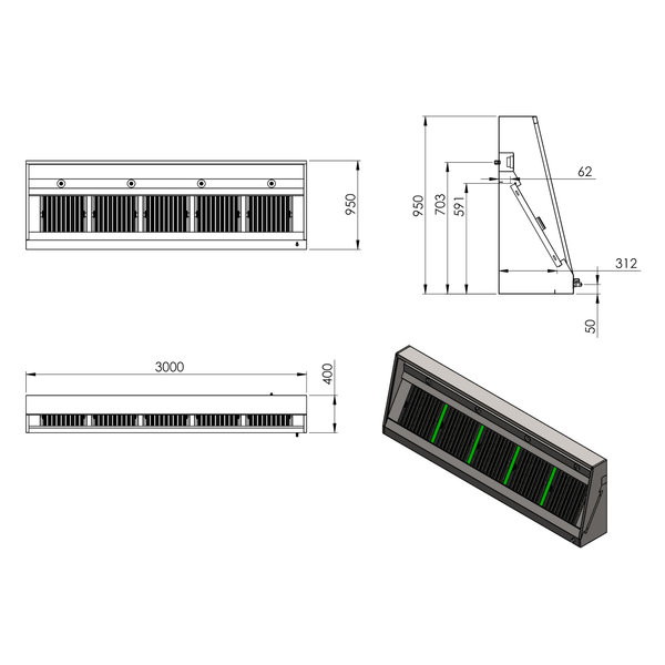 Afzuigkap | RVS | Schuin Model | 3000x950x400(h)mm