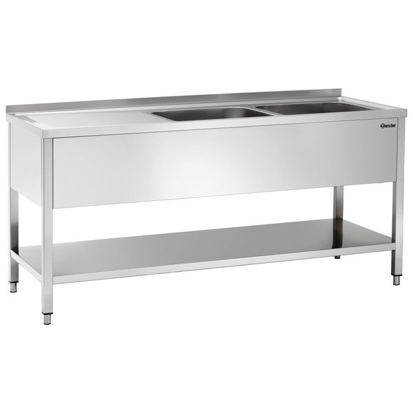 RVS spoelwerktafel met 2 spoelbakken rechts en bodemschap + achteropstand | 1800x700x850(h)mm