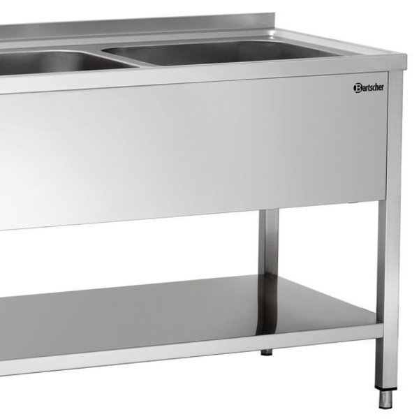RVS spoelwerktafel met 2 spoelbakken rechts en bodemschap + achteropstand | 1800x700x850(h)mm