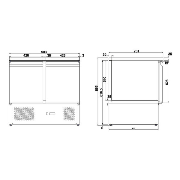 Koelwerkbank | 257L | 2 Deuren (1/1 GN) | +2°C/+8°C | Statisch + Ventilator | 0.34kW | 900x700x875(h)mm