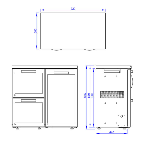 Barkoelkast Module | 1 Deur + 2 Laden | RVS Werkblad | 920x500x875(h)mm
