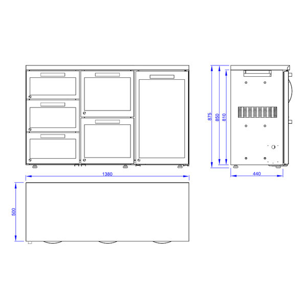 Barkoelkast Module | 1 Deur + 5 Laden | RVS Werkblad | 1380x500x875(h)mm