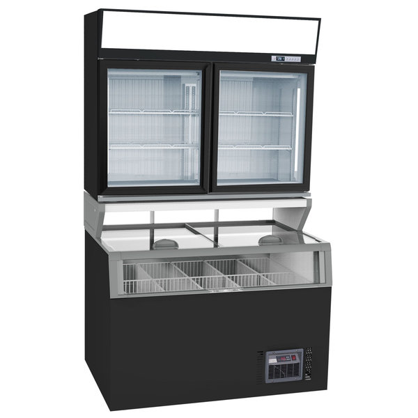 Wandcombinatie (Koel/Vries) | Zwart | 0°C/+10°C | -18°C | Geforceerd | 3 Schappen | 0.91kW | Schuifdeksels + Glasdeuren | 1454x890x2110(h)mm