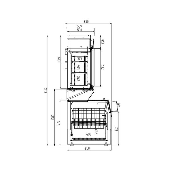 Wandcombinatie (Koel/Vries) | Zwart | 0°C/+10°C | -18°C | Geforceerd | 3 Schappen | 0.91kW | Schuifdeksels + Glasdeuren | 1454x890x2110(h)mm