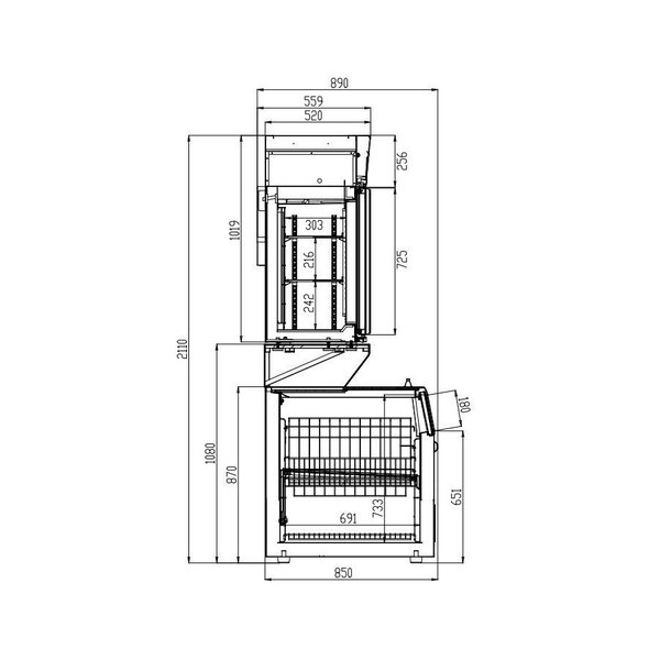 Wandcombinatie (Koel/Vries) | Wit | 0°C/+10°C | -18°C | Geforceerd | 3 Schappen | 1.27kW | Schuifdeksels + Glasdeuren | 2104x890x2110(h)mm