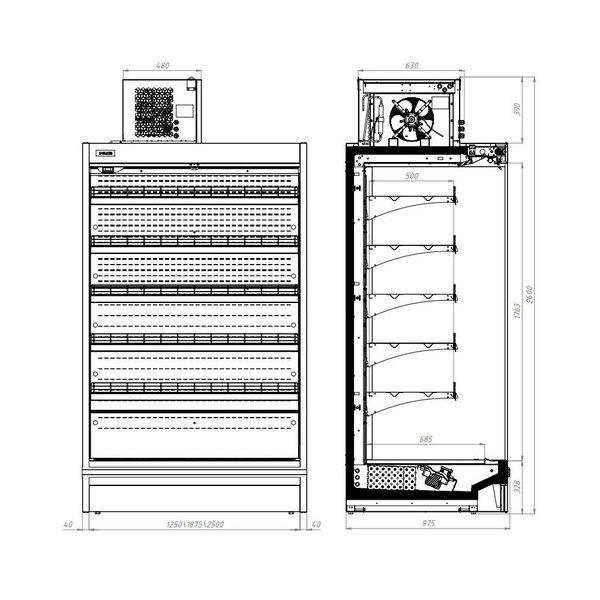 Wandkoeling | MAX | Zwart | -1°C/+7°C | Geforceerd | 6 Schappen | 2.7kW | Klapdeuren | Incl. Losse Koelmotor | 1875x975x2210/2600(h)mm