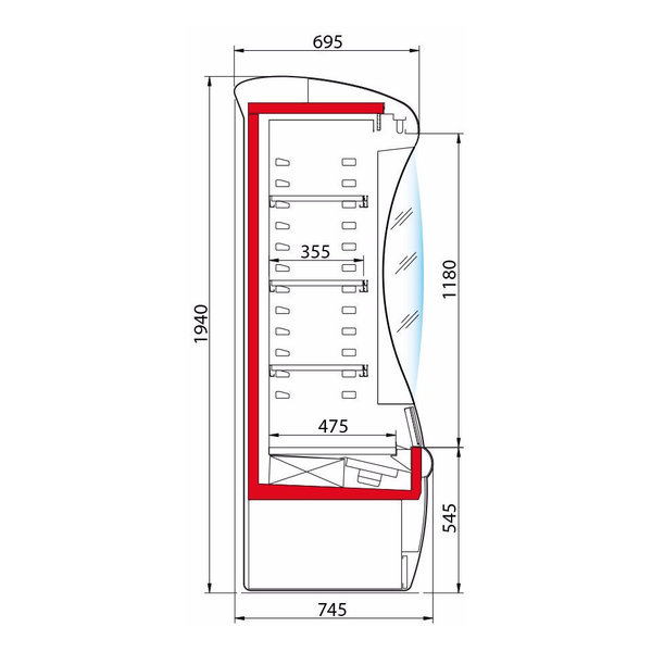 Wandkoeling | ALCOR | Div. Kleuren | Voor Externe Koelunit | 4 Schappen | Intern Nachtgordijn | 740x745x1940(h)mm