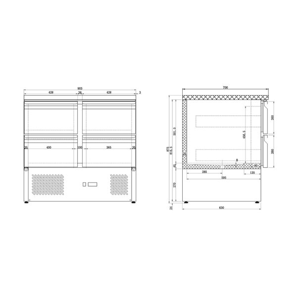 Koelwerkbank | COMPACT LINE | 257L | 4 Laden | +2°C/+8°C | Statisch + Ventilator | 900x700x875(h)mm