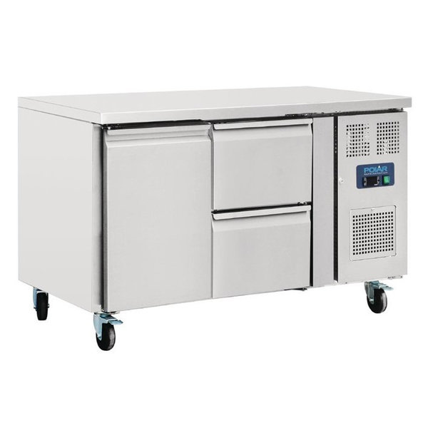 Koelwerkbank | 282L | 1 Deur + 2 Laden (1/1 GN) | -2°C/+5°C | Geforceerd | 0.35kW | Wielen (Geremd) | 1360x700x850(h)mm