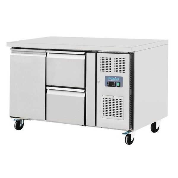 Koelwerkbank | 282L | 1 Deur + 2 Laden (1/1 GN) | -2°C/+5°C | Geforceerd | 0.35kW | Wielen (Geremd) | 1360x700x850(h)mm