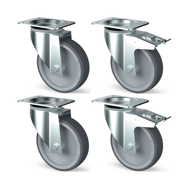 Wielenset | Diamond Koelwerkbanken | 4 Wielen (2 Geremd) | RVS | Hoogte 125mm