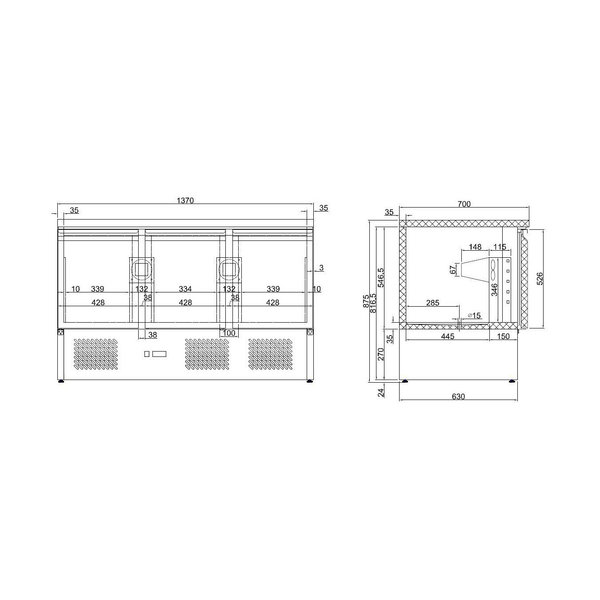 Koelwerkbank | 400L | 3 Deuren (1/1 GN) | +2°C/+8°C | Statisch + Ventilator | 1365x700x875(h)mm