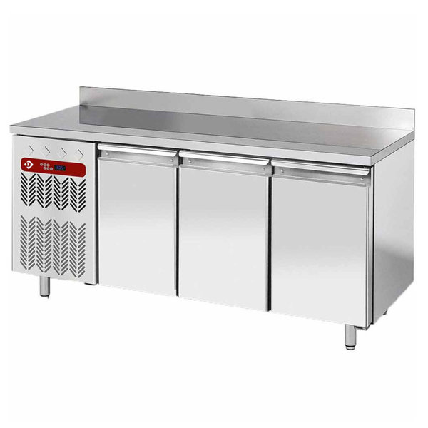 Koelwerkbank | Energiezuinig | 405L | 3 Deuren (1/1 GN) | -2°C/+8°C | Geforceerd | 0.36kW | Achteropstand | 1805x700x880/985(h)mm