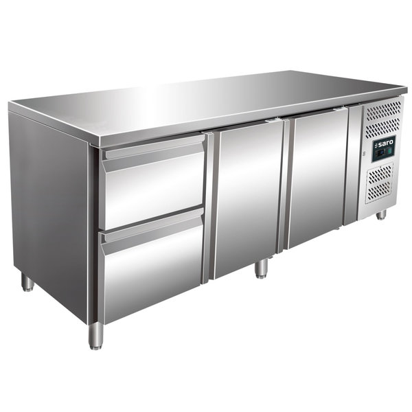 Koelwerkbank | 465L | 2 Deuren Koelwerkbank | 465L | 2 Deuren + 2 Laden (1/1 GN) | +2°C/+8°C | Geforceerd | 1795x700x890/950(h)mm+ 2 Laden (1/1 GN) | +2°C/+8°C | Geforceerd | 0.35kW | 1795x700x890/950(h)mm