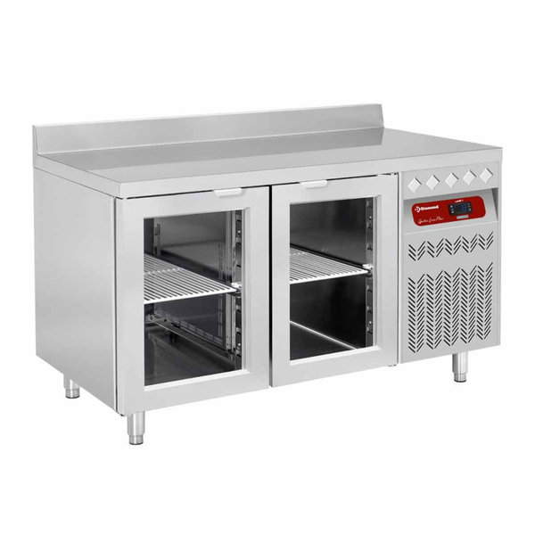 Koelwerkbank | 260L | 2 Glasdeuren (1/1 GN) | -2°C/+8°C | Geventileerd | 0.18kW | Achteropstand | 1330x700x866/1045(h)mm
