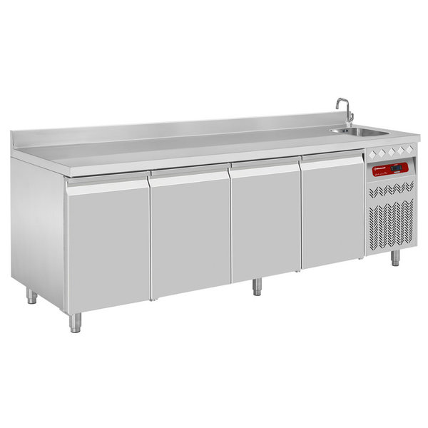 Koelwerkbank | Spoelbak | 550L | 4 Deuren (1/1 GN) | -2°C/+8°C | Geventileerd | 0.38kW | Achteropstand | 2260x700x866/1045(h)mm