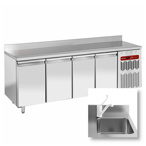 Koelwerkbank | Energiezuinig | Spoelbak | 550L | 4 Deuren (1/1 GN) | -2°C/+8°C | Geforceerd | 0.36kW | Achteropstand | 2250x700x880/985(h)mm