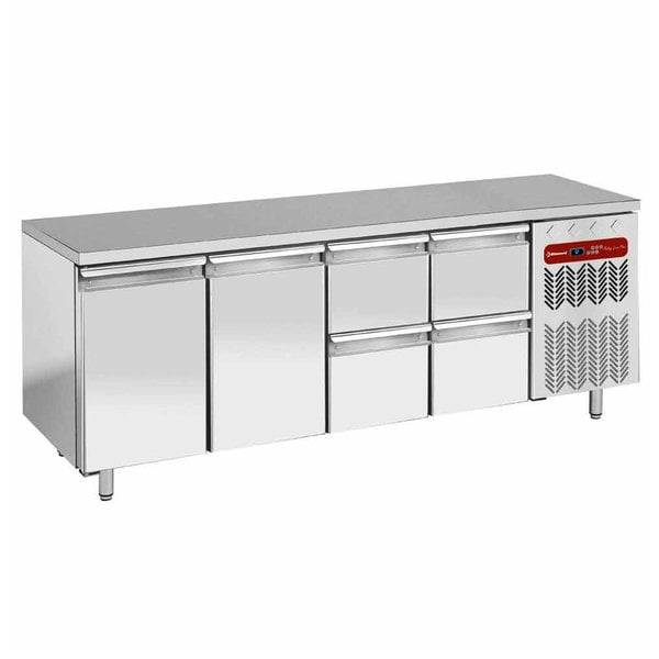 Koelwerkbank | Energiezuinig | 550L | 2 Deuren + 4 Laden (1/1 GN) | -2°C/+8°C | Geforceerd | 0.36kW | 2250x700x880/900(h)mm