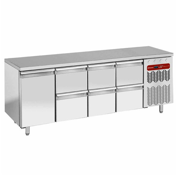 Koelwerkbank | Energiezuinig | 550L | 1 Deur + 6 Laden (1/1 GN) | -2°C/+8°C | Geforceerd | 0.36kW | 2250x700x880/900(h)mm