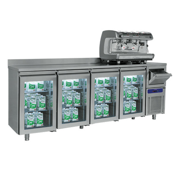 Koelwerkbank | Hoog Model | 710L | 4 Glasdeuren (1/1 GN) + Afkloplade | -2°C/+8°C | Geventileerd | 0.46kW | Achteropstand | 2690x600x1000/1150(h)mm