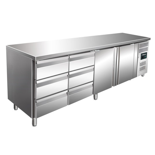 Koelwerkbank | 615L | 2 Deuren + 6 Laden (1/1 GN) | -2°C/+8°C | Geforceerd | 0.3kW | 2230x700x850/950(h)mm