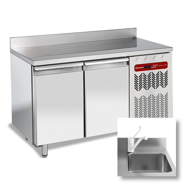 Koelwerkbank | Energiezuinig | 260L | 2 Deuren (1/1 GN) | -2°C/+8°C | Geforceerd | Spoelbak + Achteropstand | 1355x700x880/985(h)mm