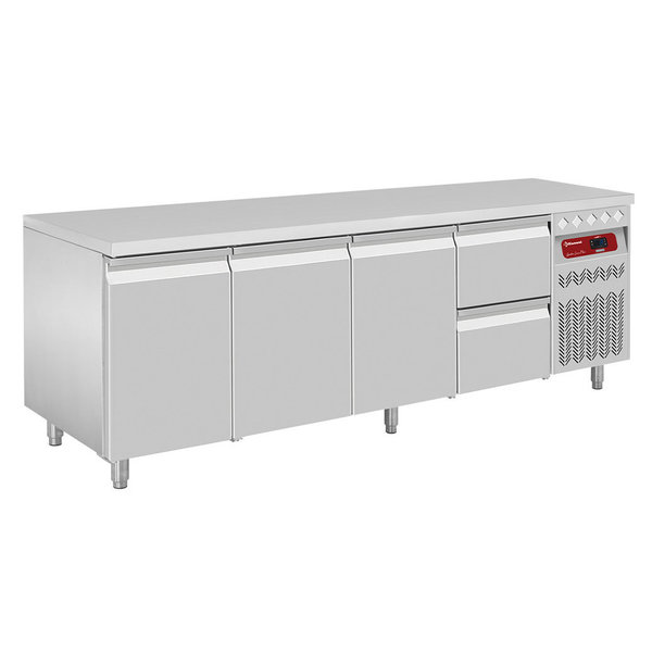 Koelwerkbank | 550L | 3 Deuren + 2 Laden (1/1 GN) | -2°C/+8°C | Geventileerd | 0.38kW | 2260x700x866/960(h)mm