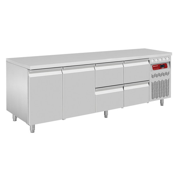 Koelwerkbank | 550L | 2 Deuren + 4 Laden (1/1 GN) | -2°C/+8°C | Geventileerd | 0.38kW | 2260x700x866/960(h)mm