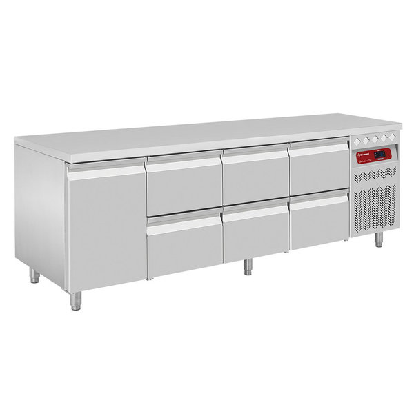 Koelwerkbank | 550L | 1 Deur + 6 Laden (1/1 GN) | -2°C/+8°C | Geventileerd | 0.38kW | 2260x700x866/960(h)mm