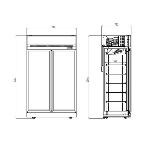 Koelkast | 1000L | Wit | 0°C/+10°C | Geforceerd | 0.48kW | Klapdeuren | Wielen (Geremd) | 1235x710x2092(h)mm