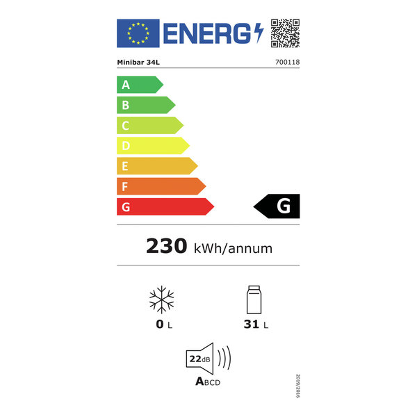 Minibar | 40L | Zwart | +5°C/+12°C | Statisch | 0.07kW | 402x460x550(h)mm