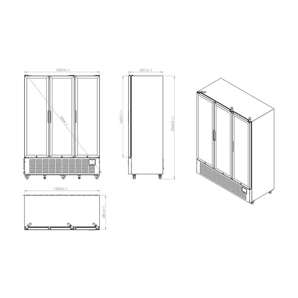 Koelkast | 1491L | Zwart | +1°C/+10°C | Geventileerd | 1.1kW | Klapdeuren | Wielen | 1500x690x2075(h)mm