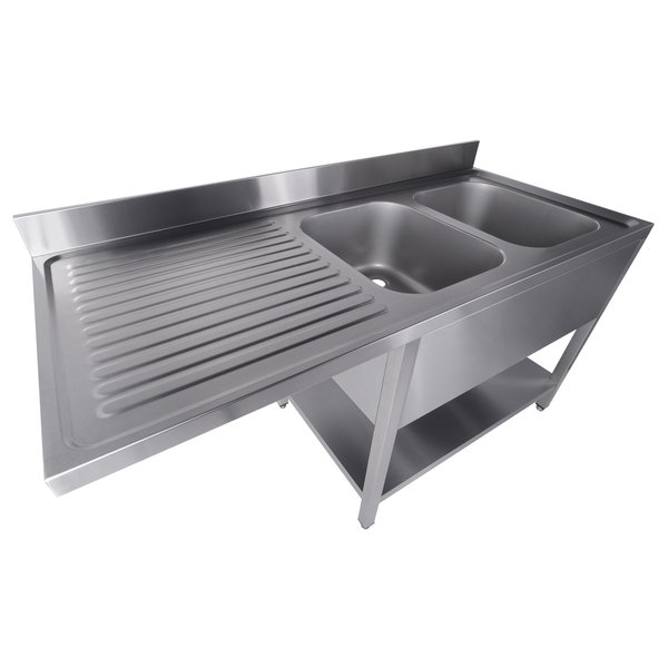 Voorlader-Spoeltafel | RVS | 2 Spoelbakken (Rechts) | Achteropstand | Demontabel | 1600x700x850/950(h)mm