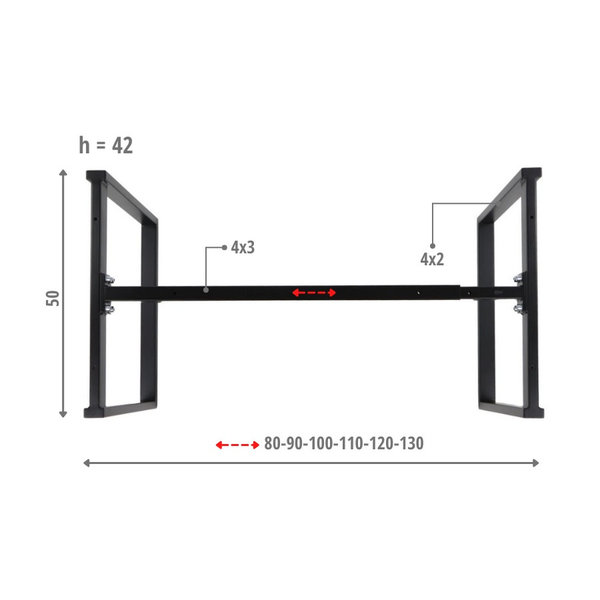 Tafelonderstel | QUADRA | Laag Model | Staal | Zwart | Breedte Verstelbaar (800-1300mm) | 800-1300x500x420(h)mm