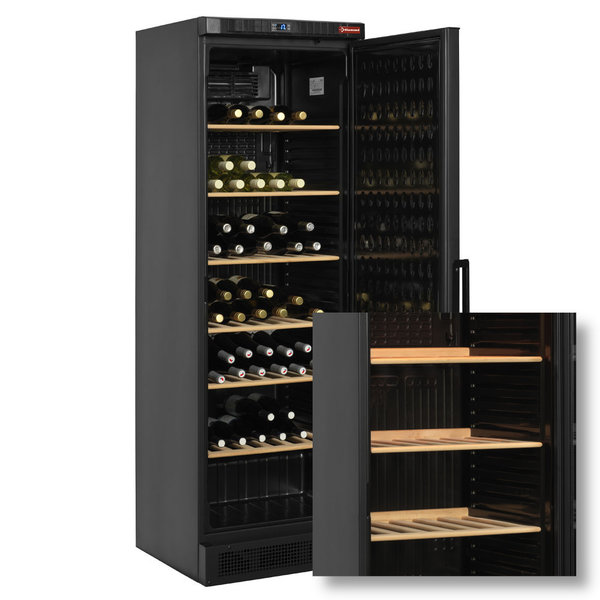 Wijnkoelkast | 380L (118x 75cl) | Zwart | 1 Zone | +1°C/+18°C | Statisch + Ventilator | 595x595x1840(h)mm