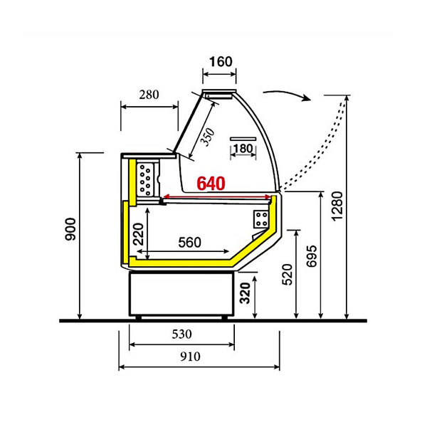 Koeltoonbank | MOLINA | +4°C/+6°C | Statisch | 0.25kW | Kantelruit | Gekoelde Reserve | 1040x910x1280(h)mm