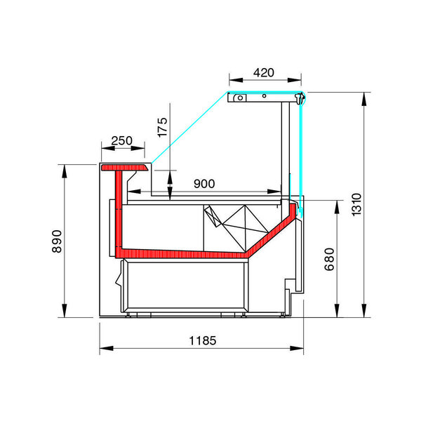 Koeltoonbank (Open Hoek 90°) | MAJOR2 | 0°C/+2°C | Geforceerd | 0.49kW | Kantelruit | Koppelbaar | 1410x1185x1310(h)mm