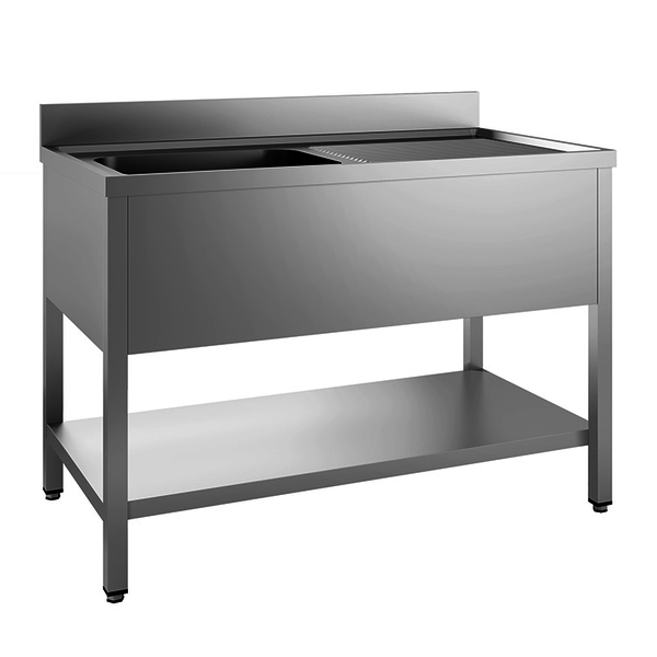 RVS spoeltafel met bodemschap | bak links | 1400x600x880(h)mm