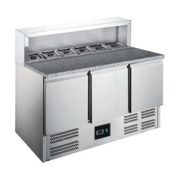 Pizzawerkbank | 402L | 3 Deuren (1/1 GN) | Boven 8x 1/6 GN | +2°C/+8°C | Geventileerd | 0.28kW | 1368x700x861/1086(h)mm