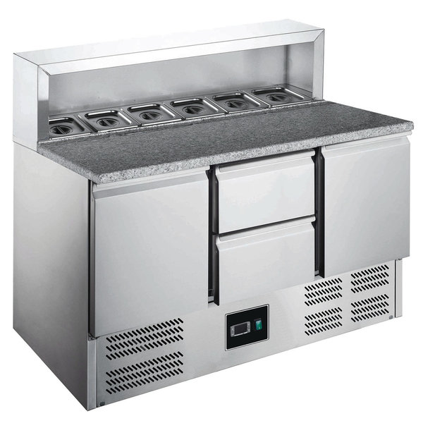 Pizzawerkbank | 402L | 2 Deuren + 2 Laden (1/1 GN) | Boven 8x 1/6 GN | +2°C/+8°C | Geventileerd | 0.28kW | 1368x700x861/1086(h)mm
