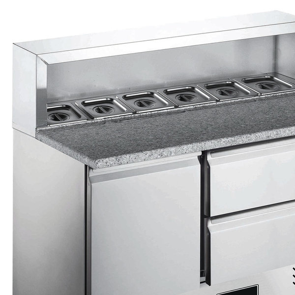 Pizzawerkbank | 402L | 2 Deuren + 2 Laden (1/1 GN) | Boven 8x 1/6 GN | +2°C/+8°C | Geventileerd | 0.28kW | 1368x700x861/1086(h)mm