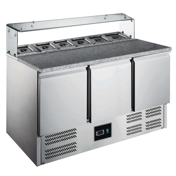 Pizzawerkbank | 402L | 3 Deuren (1/1 GN) | Boven 8x 1/6 GN | +2°C/+8°C | Geventileerd | 0.28kW | 1368x700x861/1086(h)mm