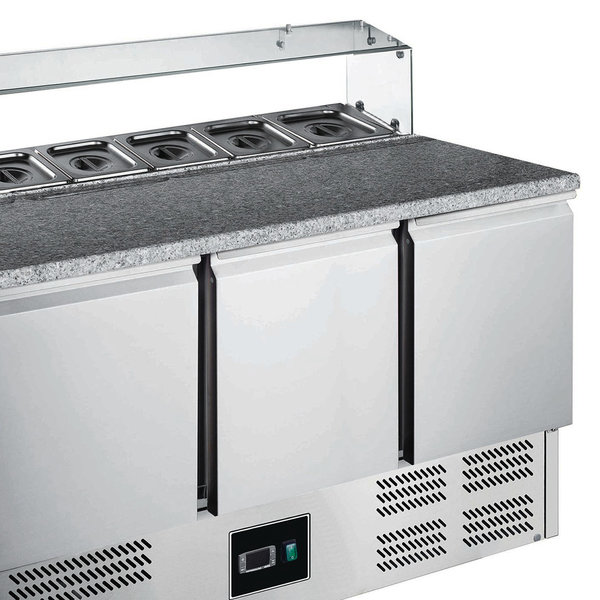 Pizzawerkbank | 402L | 3 Deuren (1/1 GN) | Boven 8x 1/6 GN | +2°C/+8°C | Geventileerd | 0.28kW | 1368x700x861/1086(h)mm