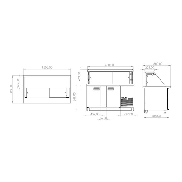 Saladette | SERIE SL | 3 Deuren + 4x 1/1 GN | 0°C/+10°C | Geventileerd | 0.51kW | 1500x880x1150(h)mm